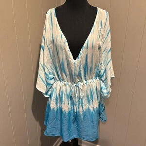 Hawaiian Tropical white/blue tie dye elastic waist split sleeve swim coverup. M